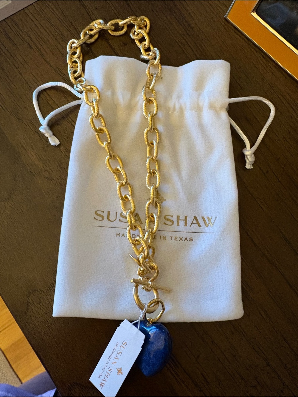 Susan Shaw gold metal toggle Necklace with authentic Lapis blue Stone Pendant